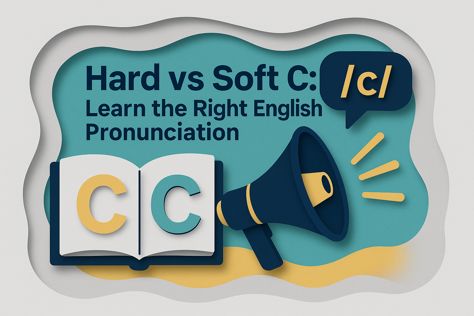 Banner showing the phrase "Hard vs Soft C: Learn the Right English Pronunciation" in bold navy blue over a 3D paper cut background with light gray, teal, and gold accents, designed to illustrate the concept of hard vs soft C pronunciation.