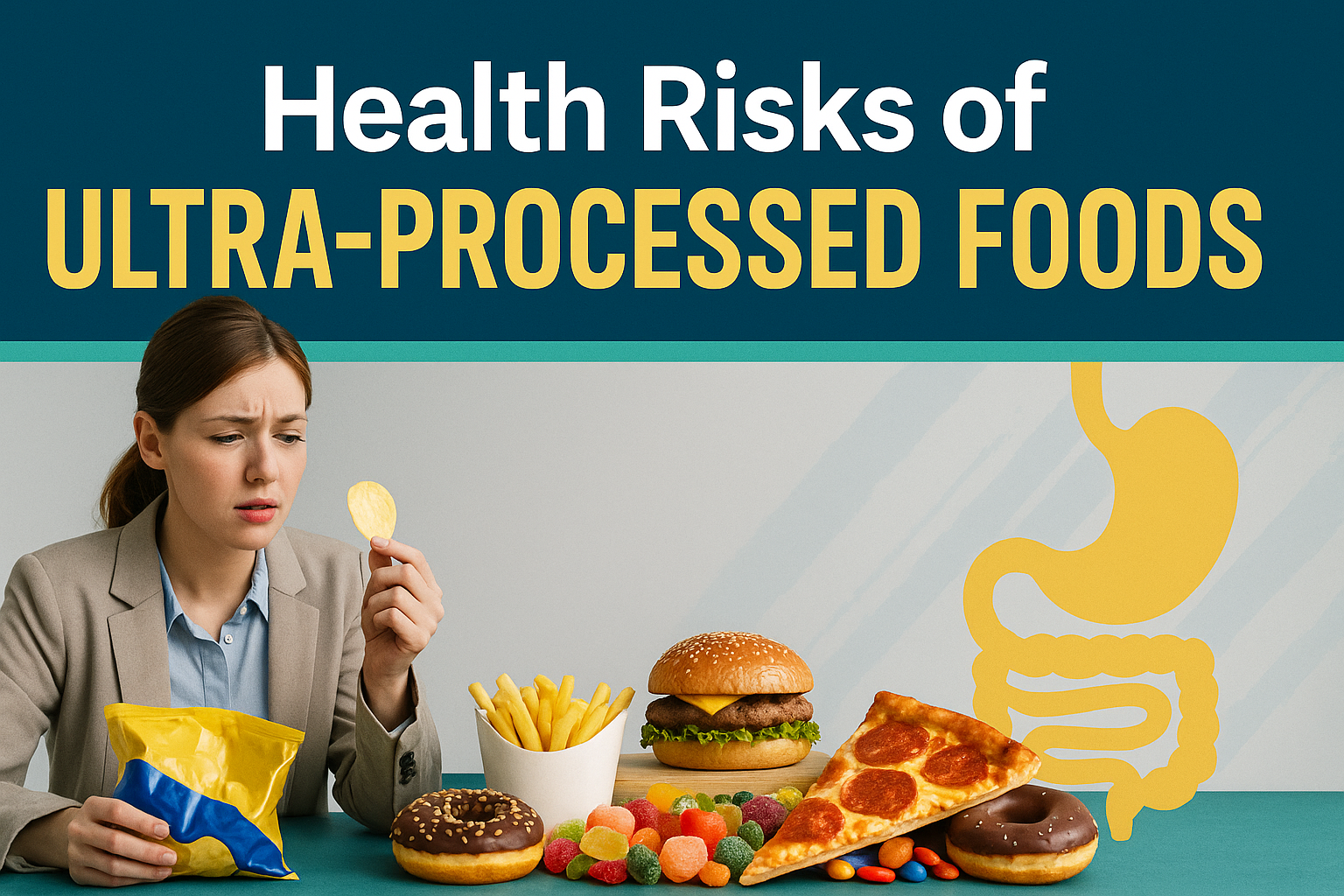 A digital educational banner features the title "Health Risks of Ultra-Processed Foods" in bold white and soft gold text over a navy blue background. A concerned woman looks at a potato chip above a teal tabletop covered in ultra-processed foods, with a yellow digestive system graphic in the background.
