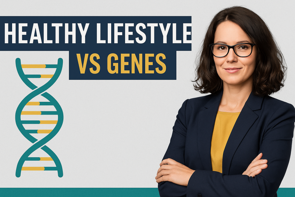 A digital banner image featuring a professionally dressed woman standing beside a teal and gold DNA icon with the bold text “Healthy Lifestyle vs Genes” in navy and soft gold on a light gray background.