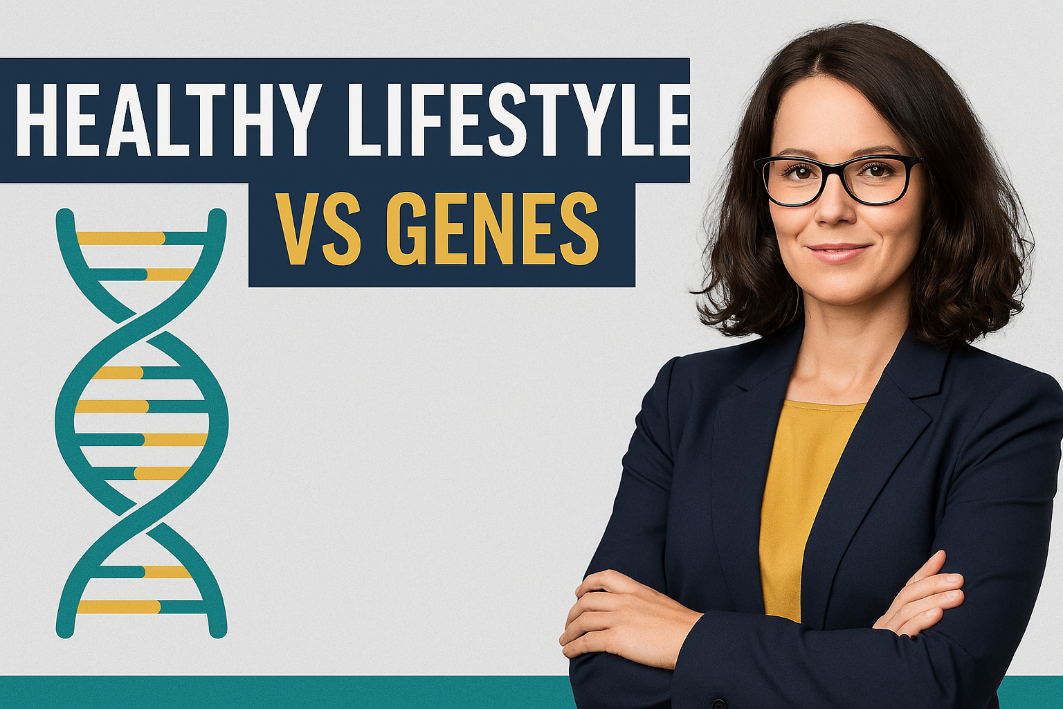A digital banner image featuring a professionally dressed woman standing beside a teal and gold DNA icon with the bold text “Healthy Lifestyle vs Genes” in navy and soft gold on a light gray background.
