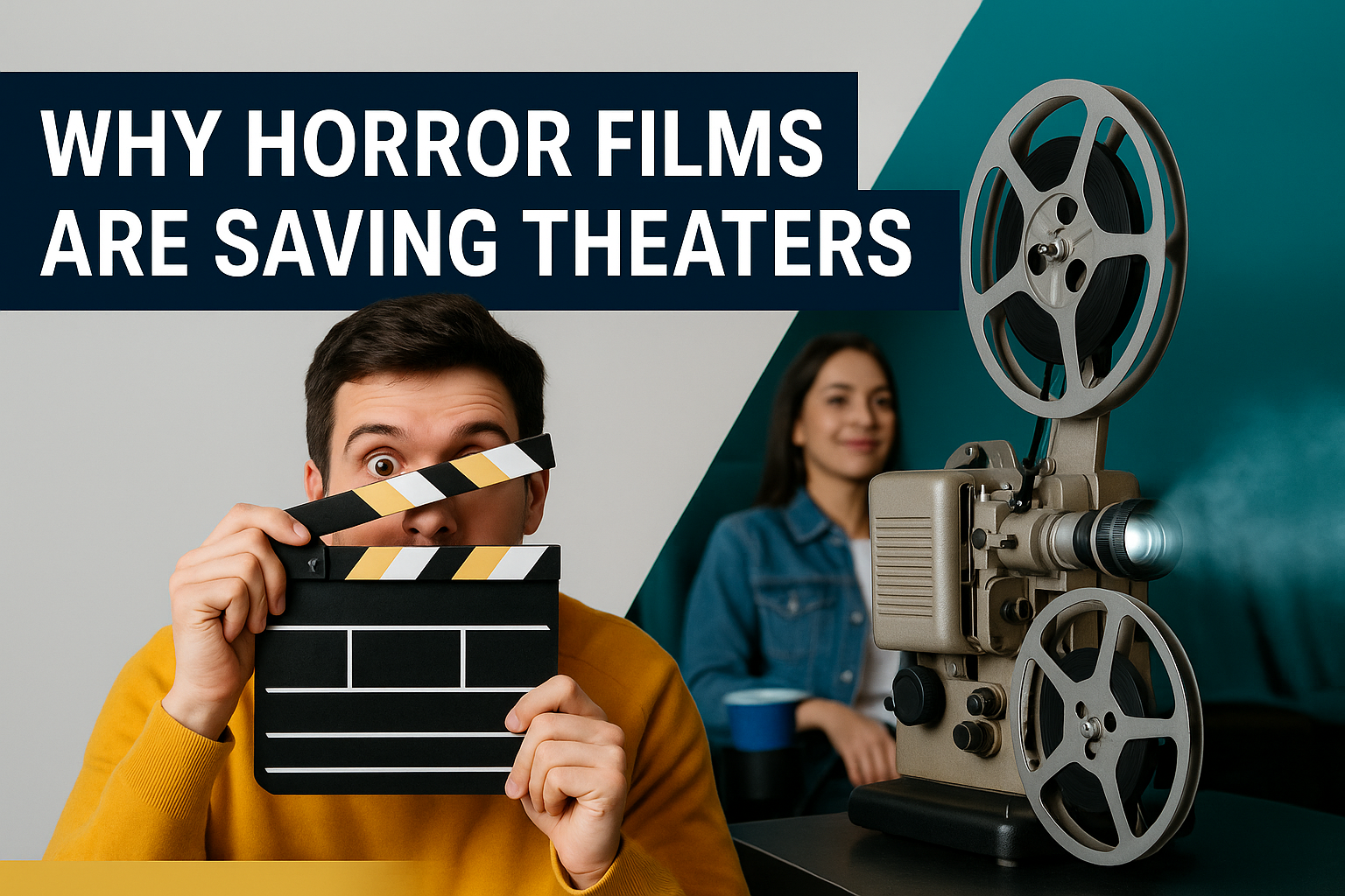 Banner image for article titled "Why Horror Films Are Saving Theaters" featuring vintage film projector, clapperboard, and cinematic visuals in brand colors. Focus keyphrase: horror films saving theaters.