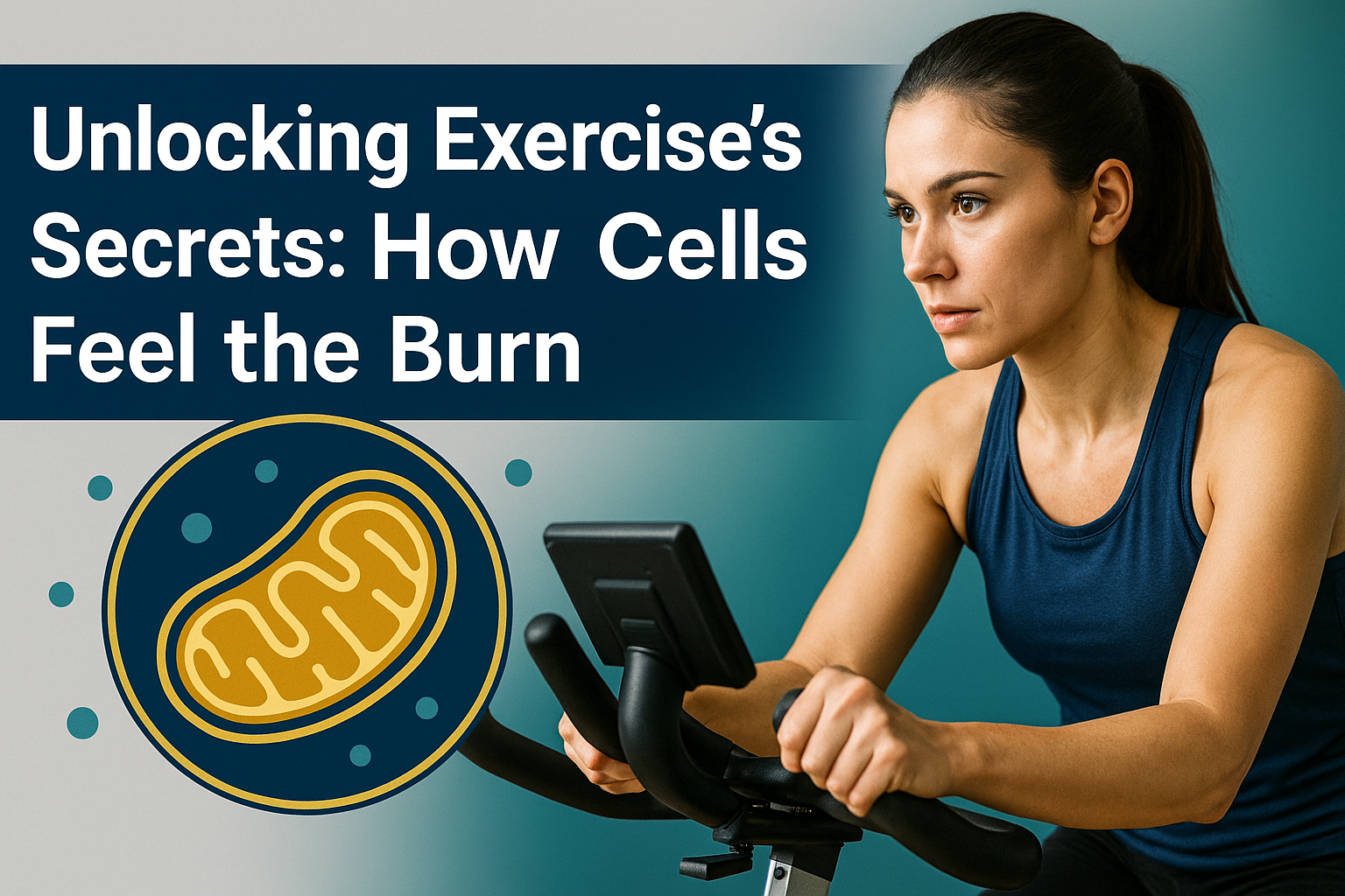 Photographic banner of a woman cycling with mitochondria illustration and the title “How Exercise Affects Cells” — highlighting how exercise affects cells.