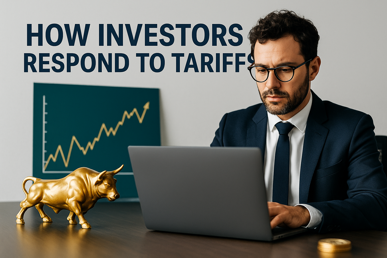 A professional man in a navy suit works at a laptop with a gold bull figurine and upward stock chart behind him, illustrating how investors respond to tariffs.