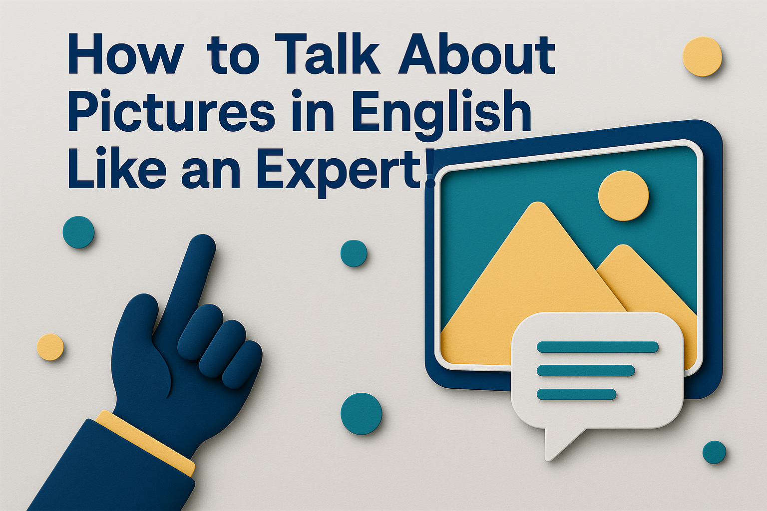 3D paper cut illustration showing a raised hand, a framed image icon, and speech bubble with the title “How to Talk About Pictures in English Like an Expert!” using brand colors; ideal for explaining how to talk about pictures in English.