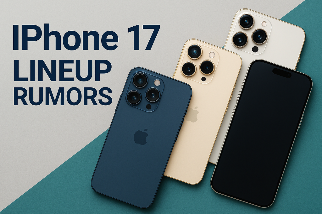 Banner image showing three iPhones in navy blue, soft gold, and white with triple-camera systems, arranged diagonally under the bold title “iPhone 17 Lineup Rumors” against a light gray and teal background.
