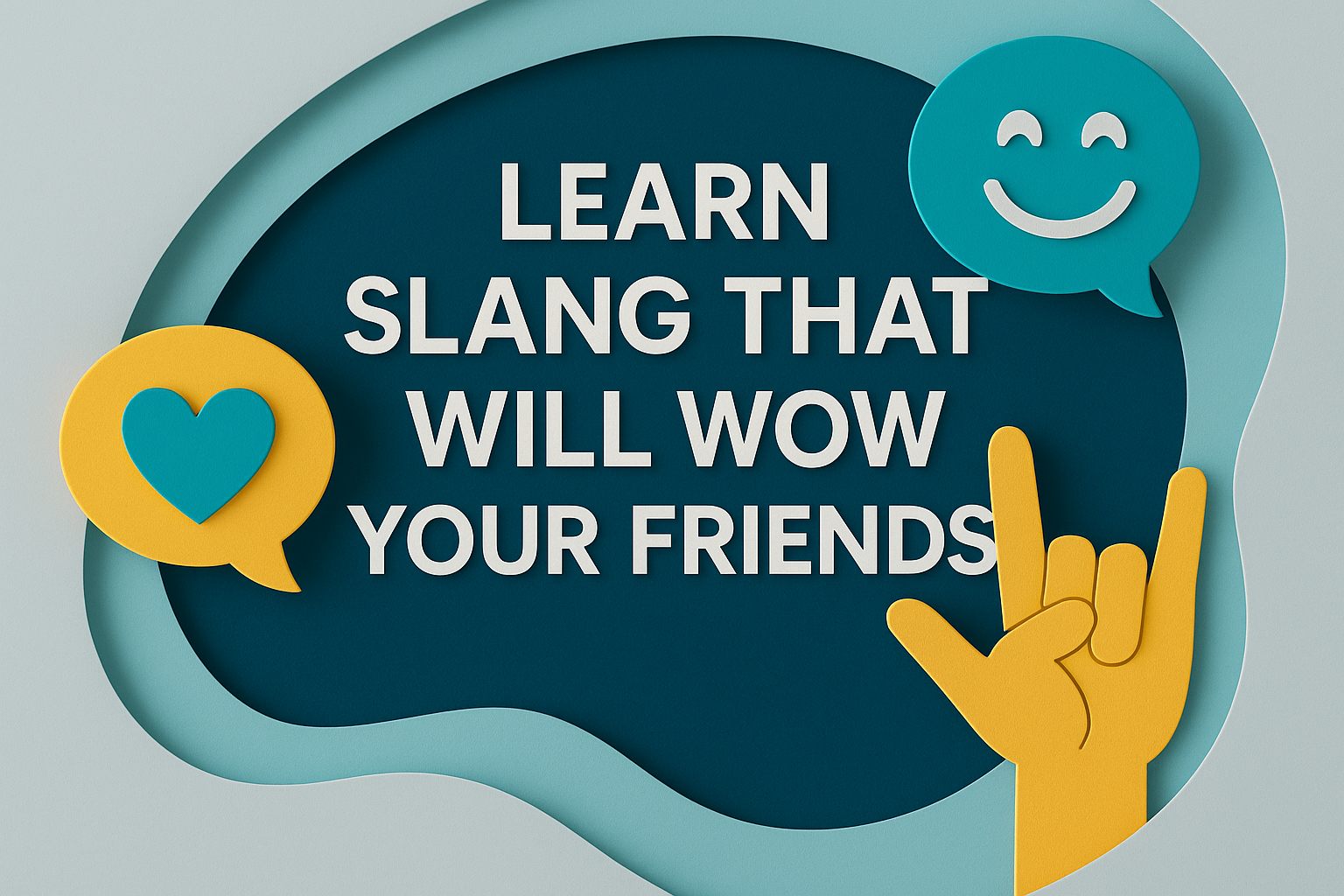 Learn slang that will wow your friends – 3D paper cut art banner with speech bubbles, heart, smiley, and hand gesture in navy blue, soft gold, light gray, and teal.
