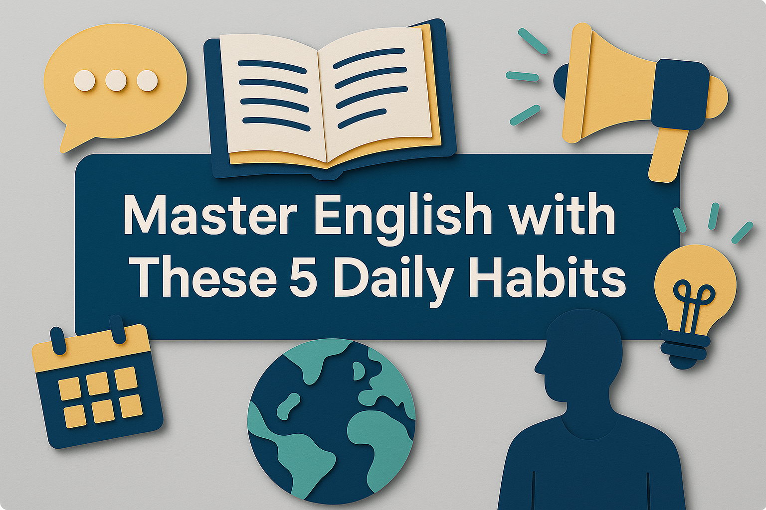 Banner image showing the title “Master English with These 5 Daily Habits” in bold white Roboto font on a navy blue background, with 3D paper cut icons of a globe, calendar, book, light bulb, and megaphone. Designed in brand colors to visually reinforce the concept of how to master English daily habits.
