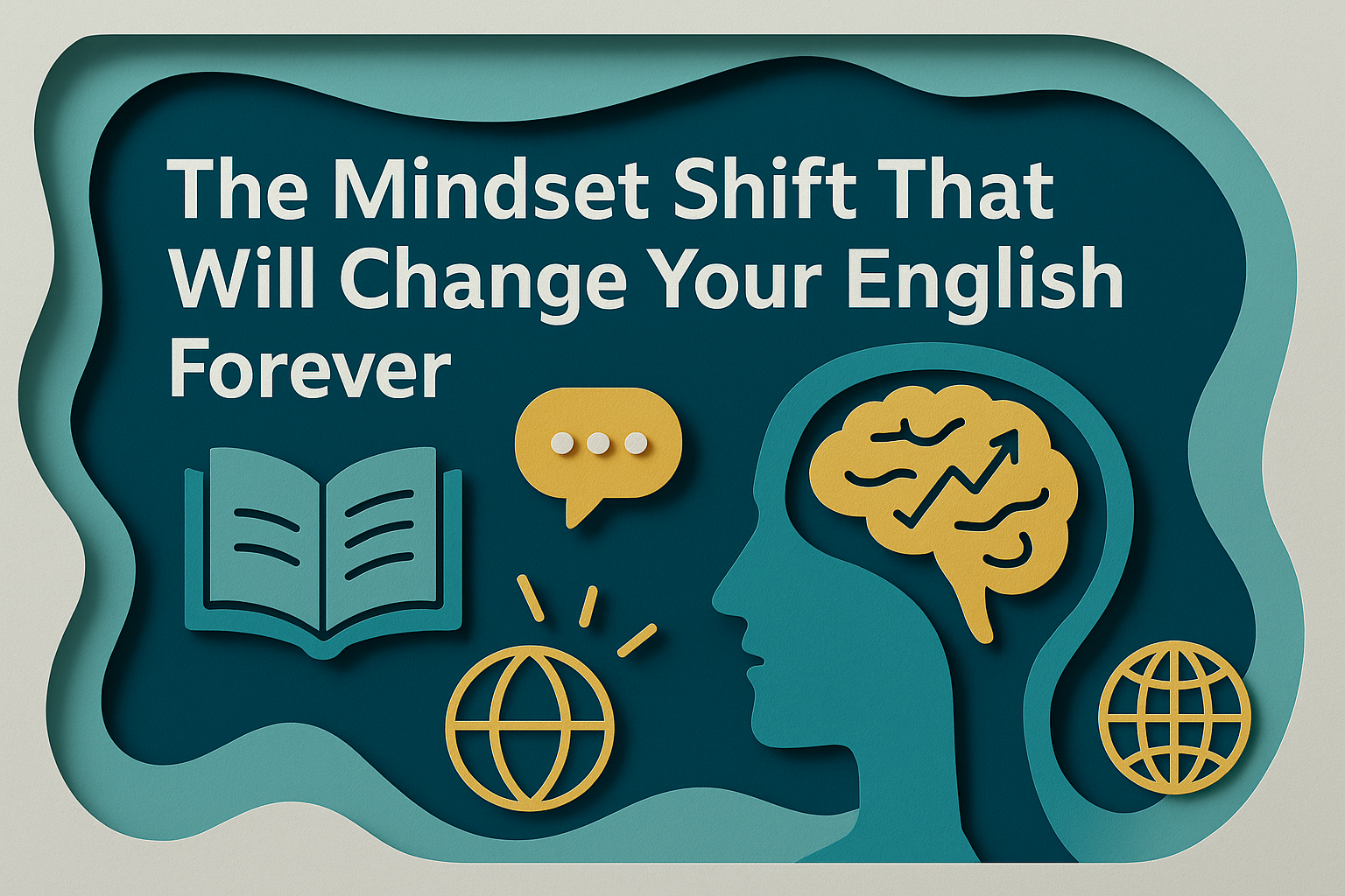 3D paper cut banner showing a brain, globe, and book to visualize a mindset shift to improve English speaking confidence