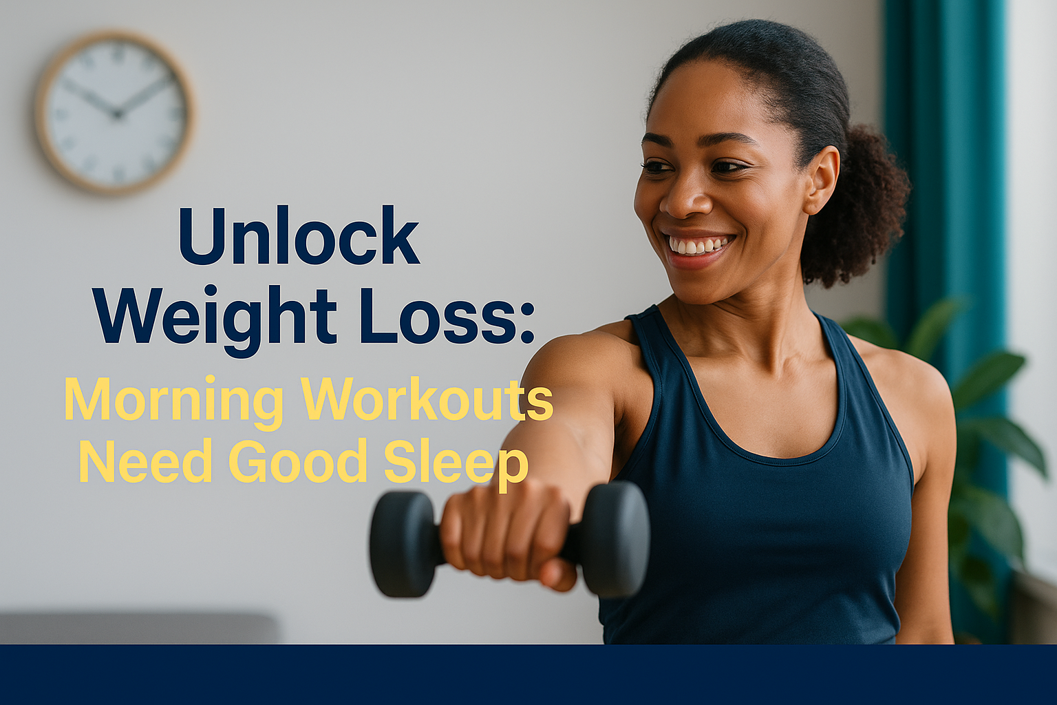 Morning workouts boost weight loss – smiling woman lifting dumbbell in navy top under soft gold title banner