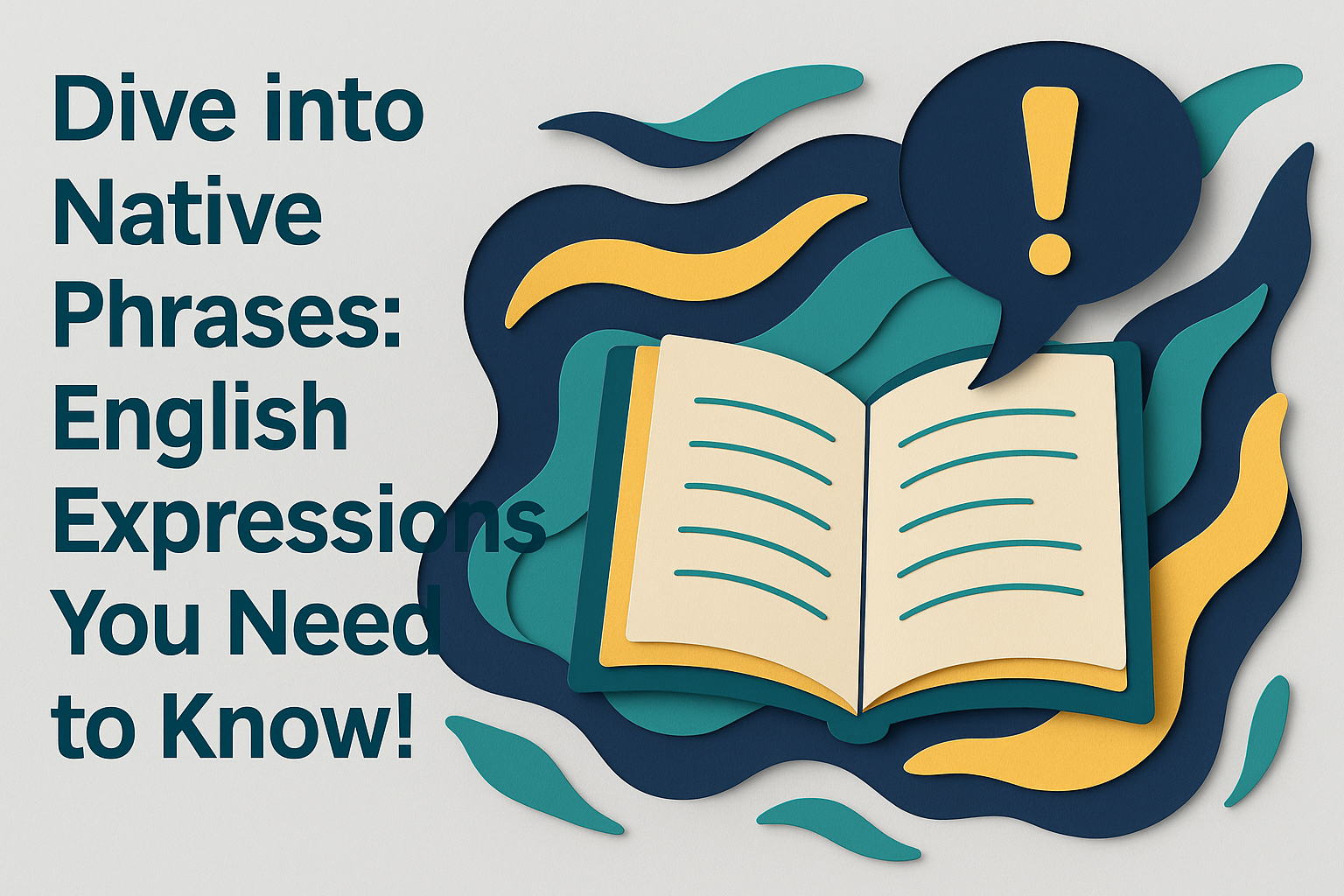3D paper cut art style illustration of native English expressions with an open book, speech bubble, and dynamic shapes in navy blue, soft gold, teal, and light gray