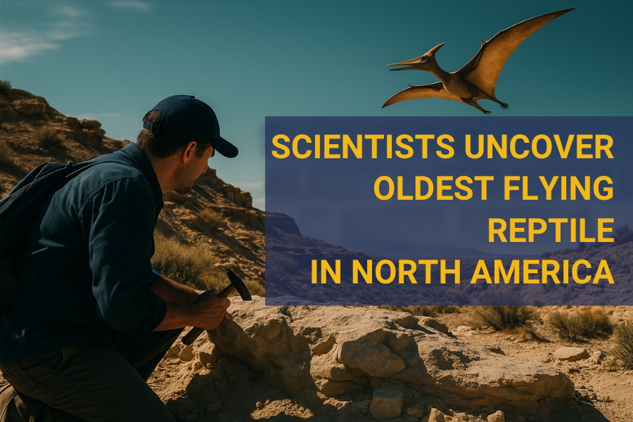 Photographic banner image for “Scientists Uncover Oldest Flying Reptile in North America,” featuring a paleontologist examining rock formations with a pterosaur flying overhead—highlighting the focus keyphrase “prehistoric flying reptile found.”