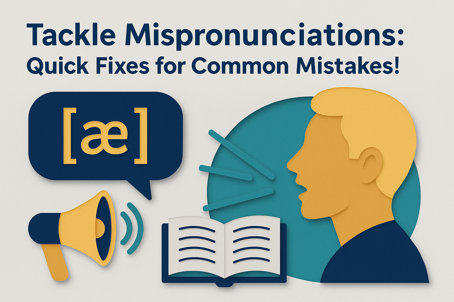 Banner image for blog post titled "Tackle Mispronunciations: Quick Fixes for Common Mistakes!" showing icons and illustrations representing speaking and pronunciation tips, styled in navy blue, soft gold, light gray, and teal. The design visually supports the topic of pronunciation mistakes in English.