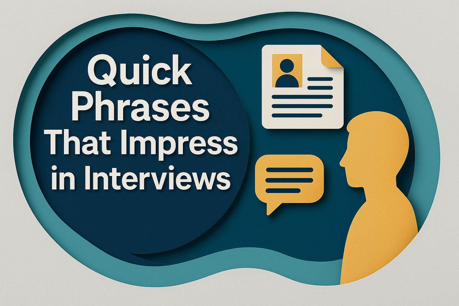 “Banner image featuring the article title ‘Quick Phrases That Impress in Interviews’ in a 3D paper cut art style with navy, gold, teal, and light gray colors.”