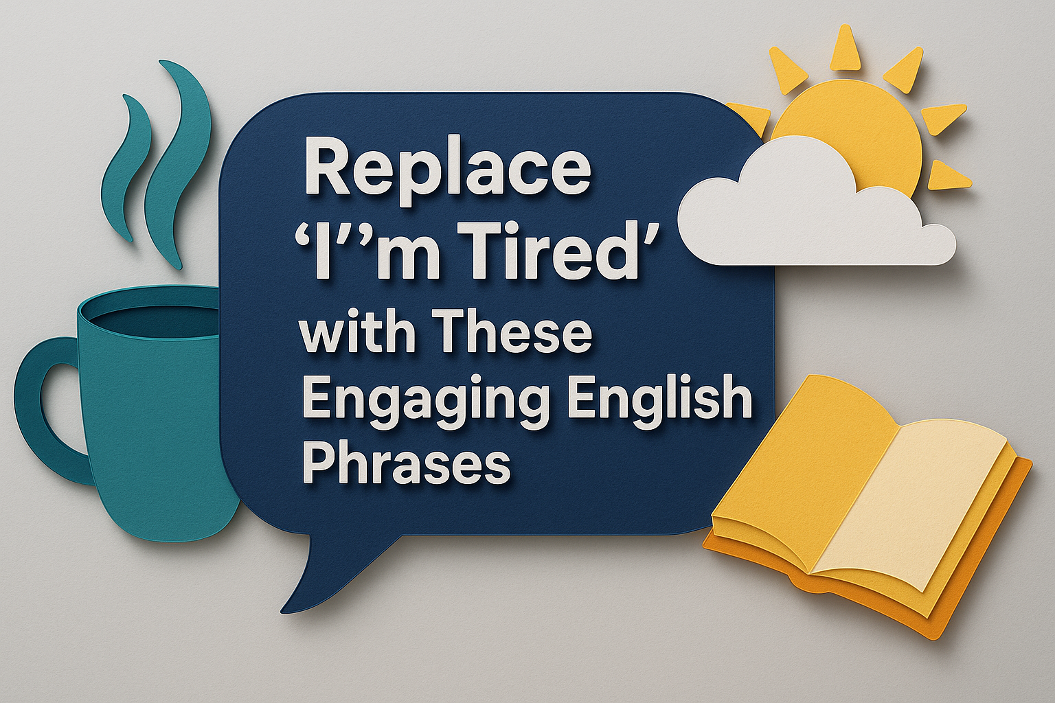 3D paper cut style banner with the phrase “Replace ‘I’m Tired’ with These Engaging English Phrases” in bold white font, using All About English Mastery brand colors—navy blue, soft gold, light gray, and teal—designed to visually reinforce the keyphrase replace “I'm tired”.