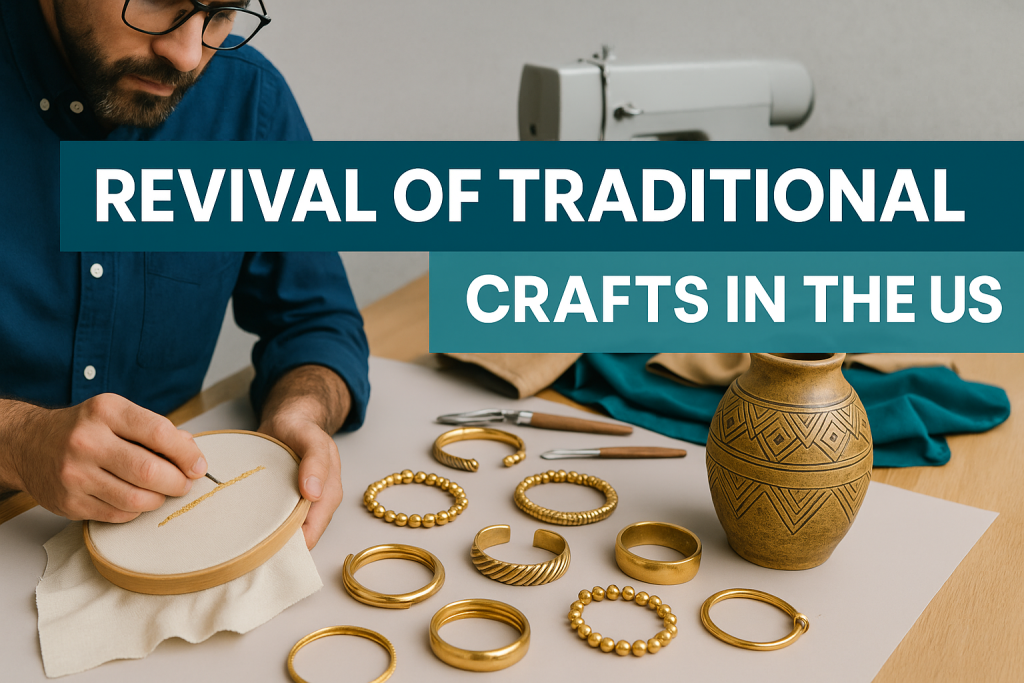 Wide banner image featuring a man hand-stitching gold thread next to ceramic and jewelry pieces, symbolizing the revival of traditional crafts in the US.