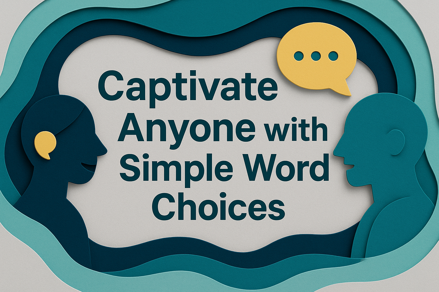 A 3D paper-cut illustration showing two stylized people in conversation, with the phrase “Captivate Anyone with Simple Word Choices” in bold navy text, emphasizing the power of simple word choices in professional English communication.