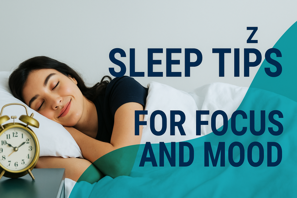 Wide banner image with a peaceful woman sleeping, golden alarm clock, and navy text that reads “Sleep Tips for Focus and Mood,” styled with brand colors on a teal and light gray background.