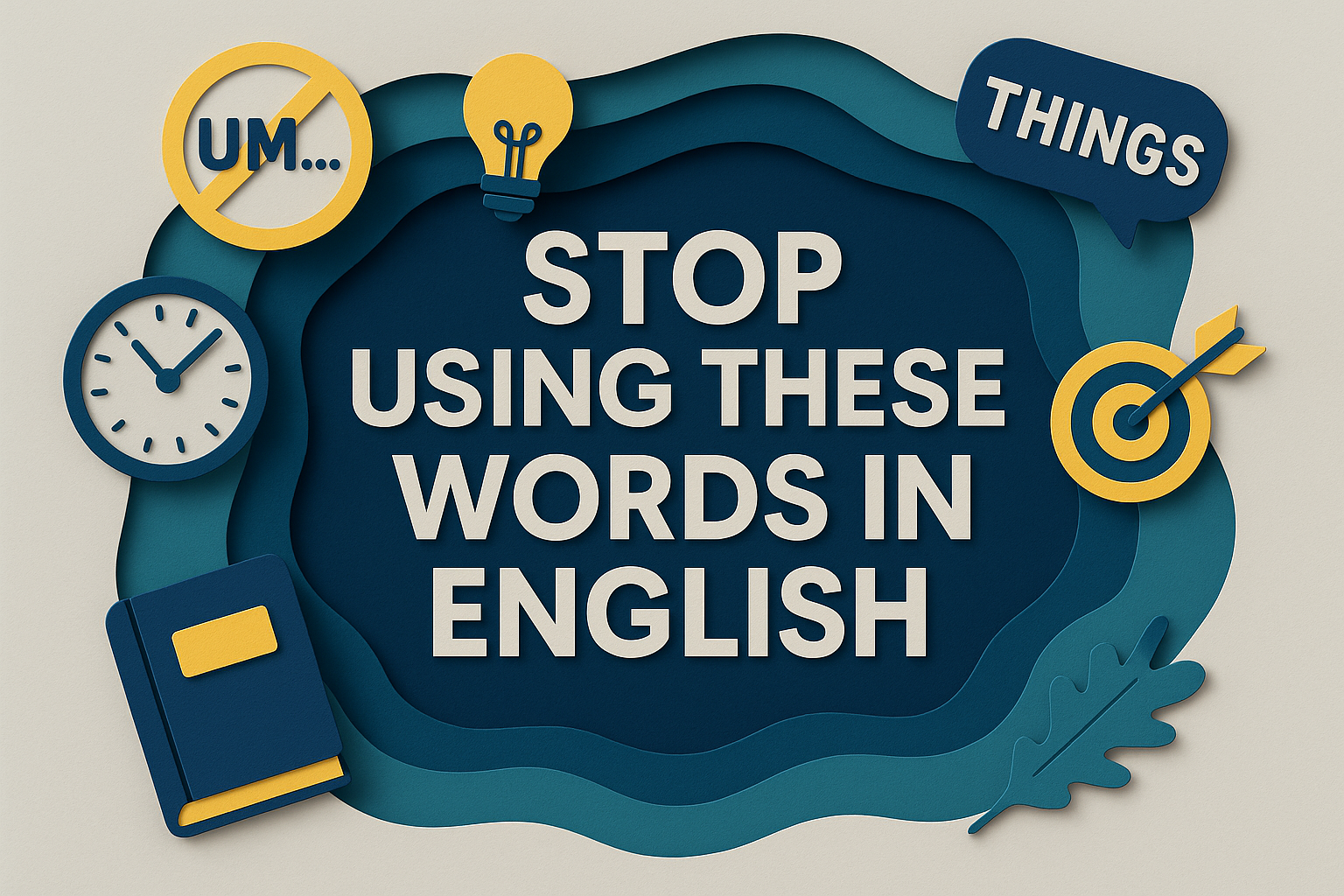 3D paper cut art banner with the text “Stop Using These Words in English” in Roboto Bold, featuring icons for filler words, jargon, and vague terms in navy blue, soft gold, light gray, and teal.