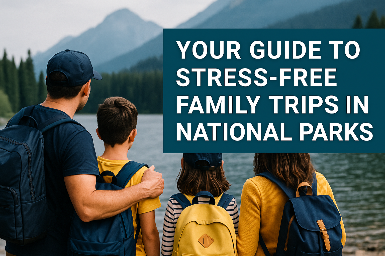 Wide banner image of a family at a national park with scenic lake and mountains, featuring the title "Your Guide to Stress-Free Family Trips in National Parks" — promoting tips for a stress-free national park family vacation.