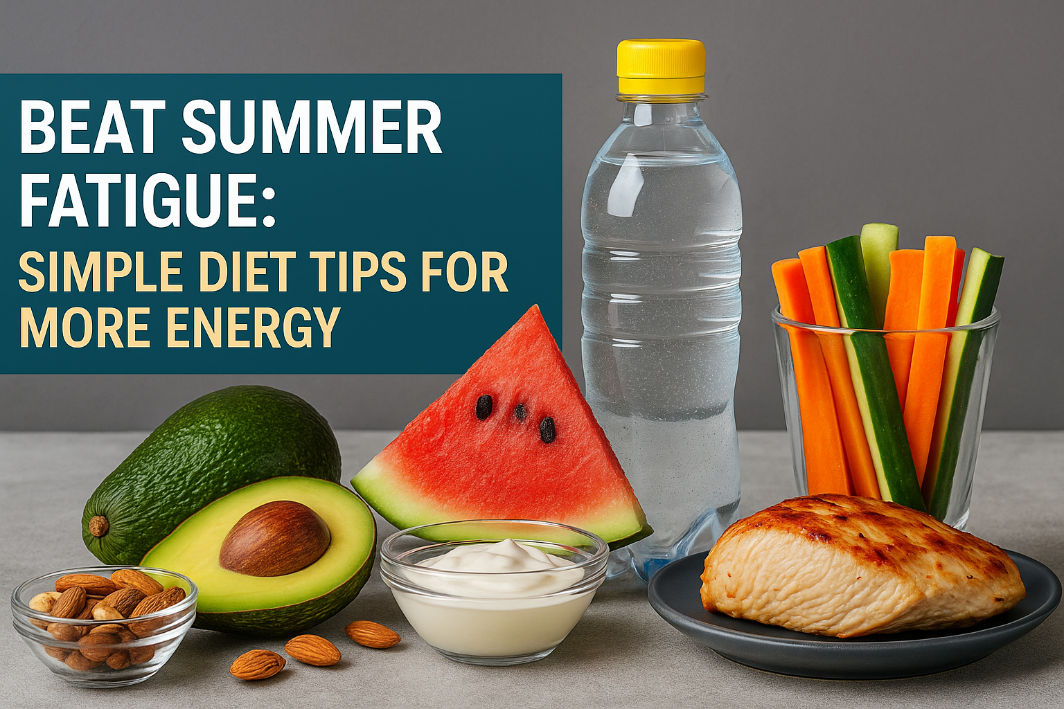Banner image for article on summer diet tips for energy, featuring avocado, nuts, watermelon, yogurt, grilled chicken, vegetable sticks, and water bottle with bold text in navy blue and soft gold.