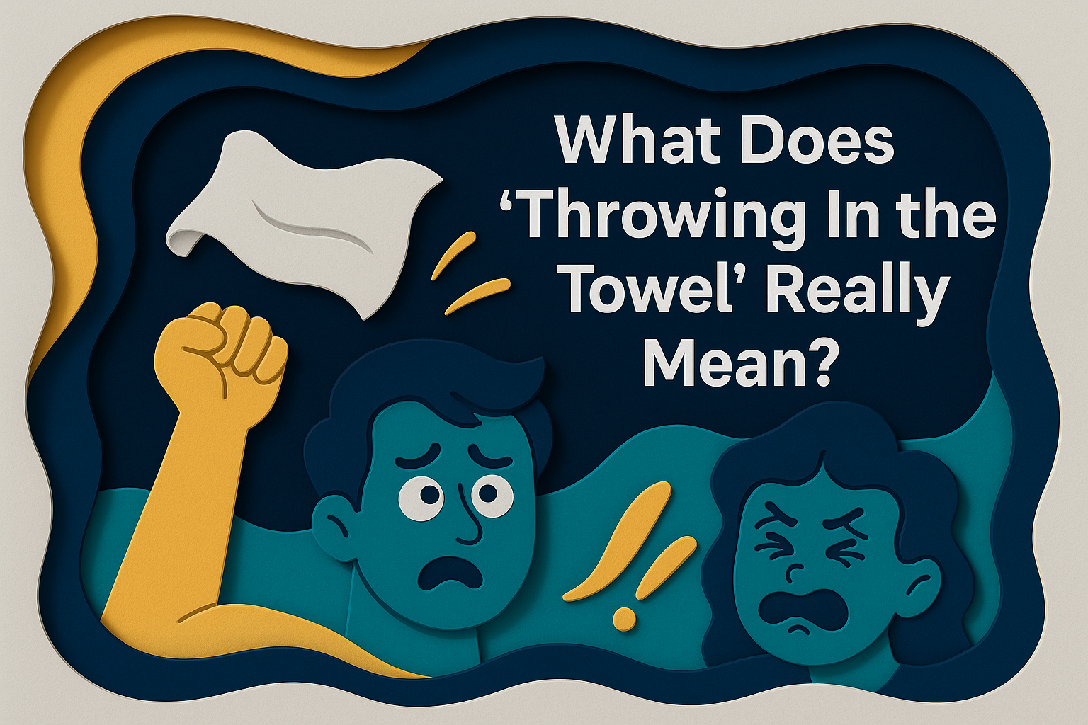 3D paper cut illustration of 'throwing in the towel meaning' with a raised fist, flying towel, and two frustrated cartoon faces in navy, teal, and soft gold tones