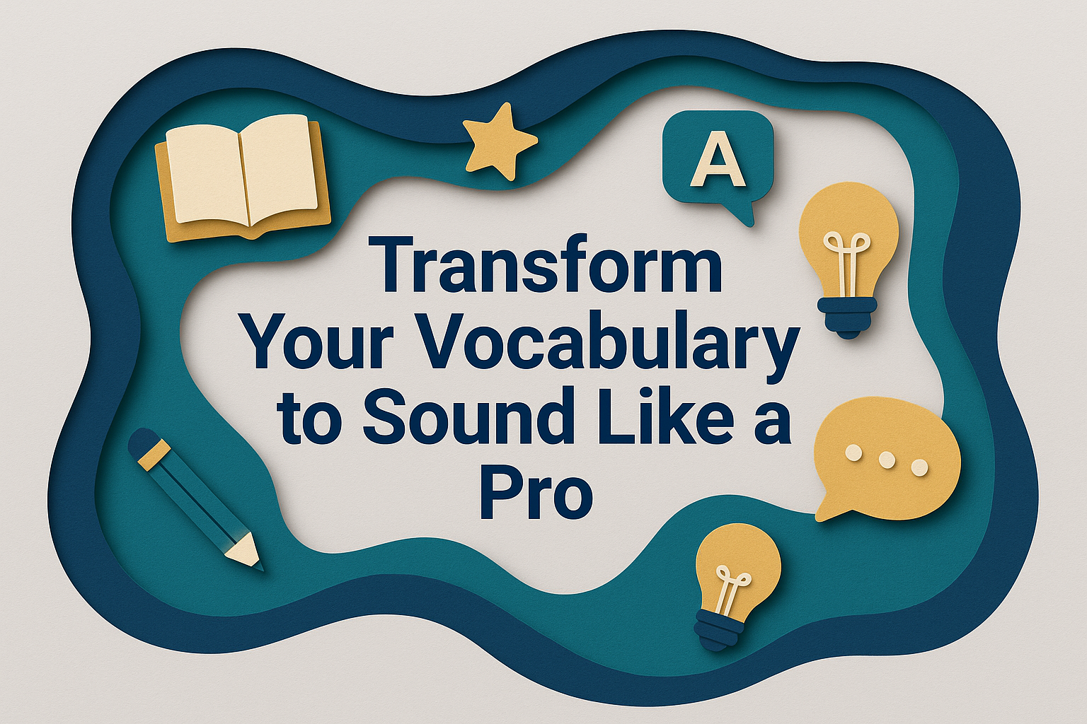 Transform your vocabulary with bold 3D paper cut design featuring communication icons like books, speech bubbles, and pencils in navy, soft gold, and teal.