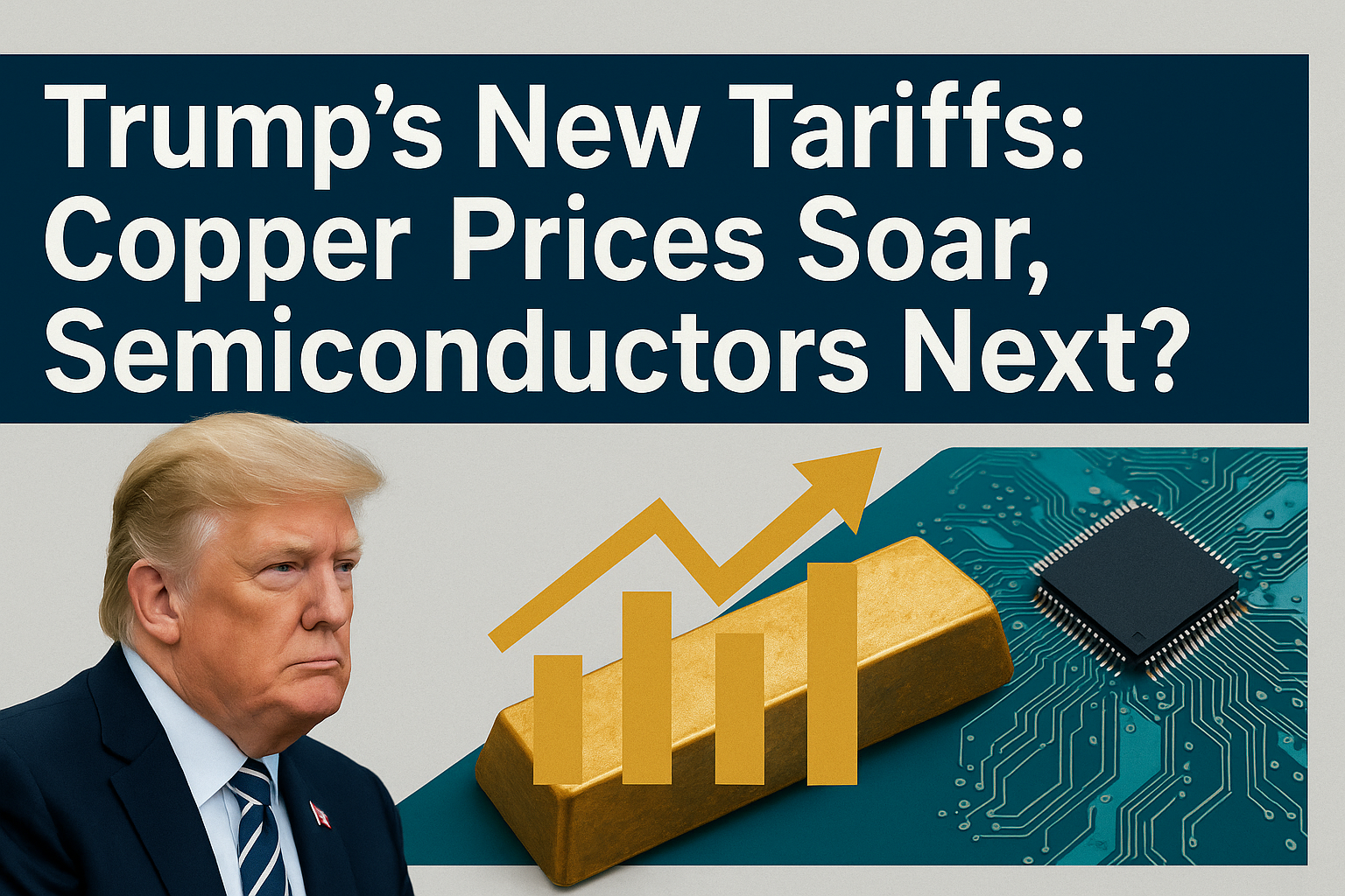 Banner image showing Trump's profile, copper bar with rising chart, and a semiconductor chip with the headline "Trump's New Tariffs: Copper Prices Soar, Semiconductors Next?" – related to Trump copper tariffs.