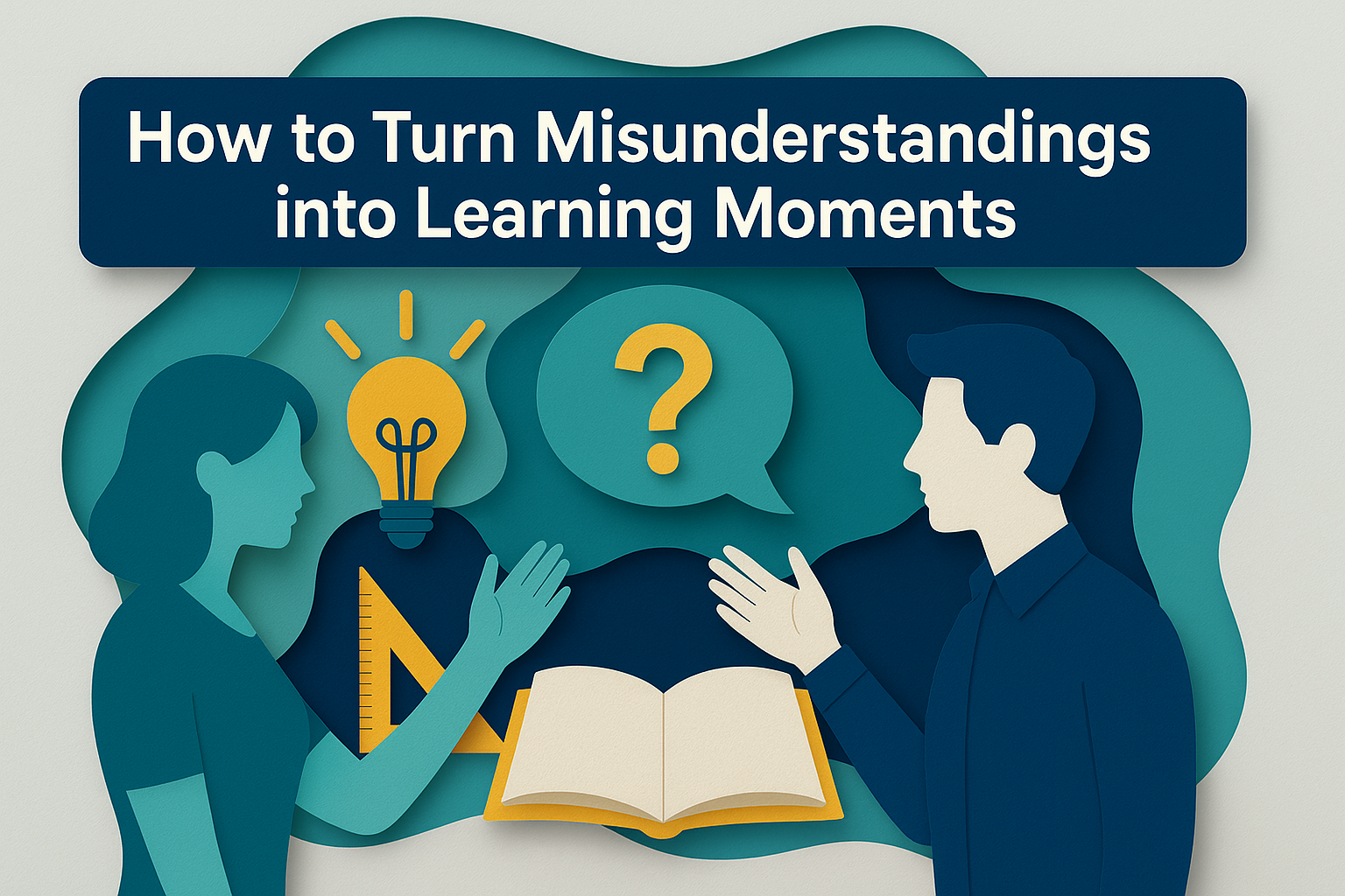 Illustration showing two professionals discussing ideas with icons for communication and understanding, visually representing how to turn misunderstandings into learning moments.