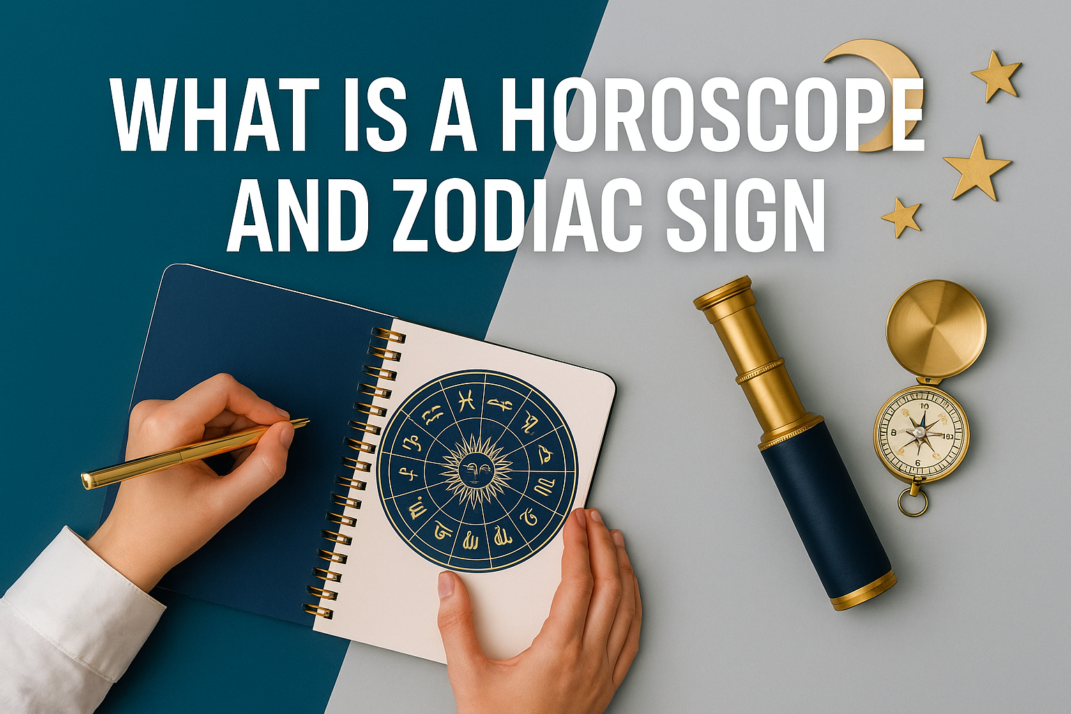 A digital flat lay image titled "What Is a Horoscope and Zodiac Sign," featuring a zodiac notebook, golden pen, brass telescope, and celestial accents, using navy blue, soft gold, light gray, and teal colors.