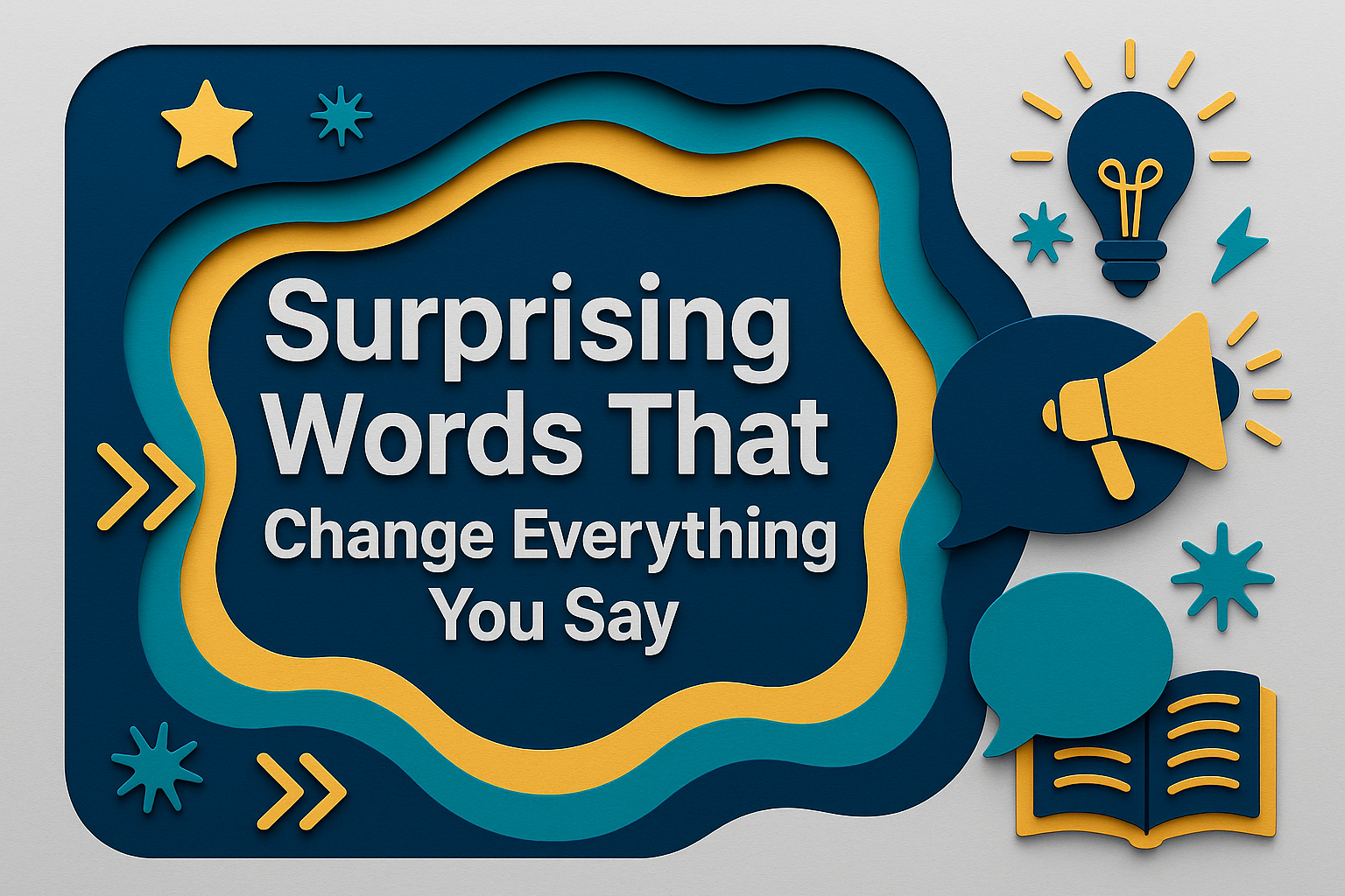 Banner image in 3D paper cut style showing speech bubbles, megaphone, and lightbulb icons representing communication, with the title “Surprising Words That Change Everything You Say” in bold Roboto font. Uses brand colors with a focus on the phrase: words that change your English tone.