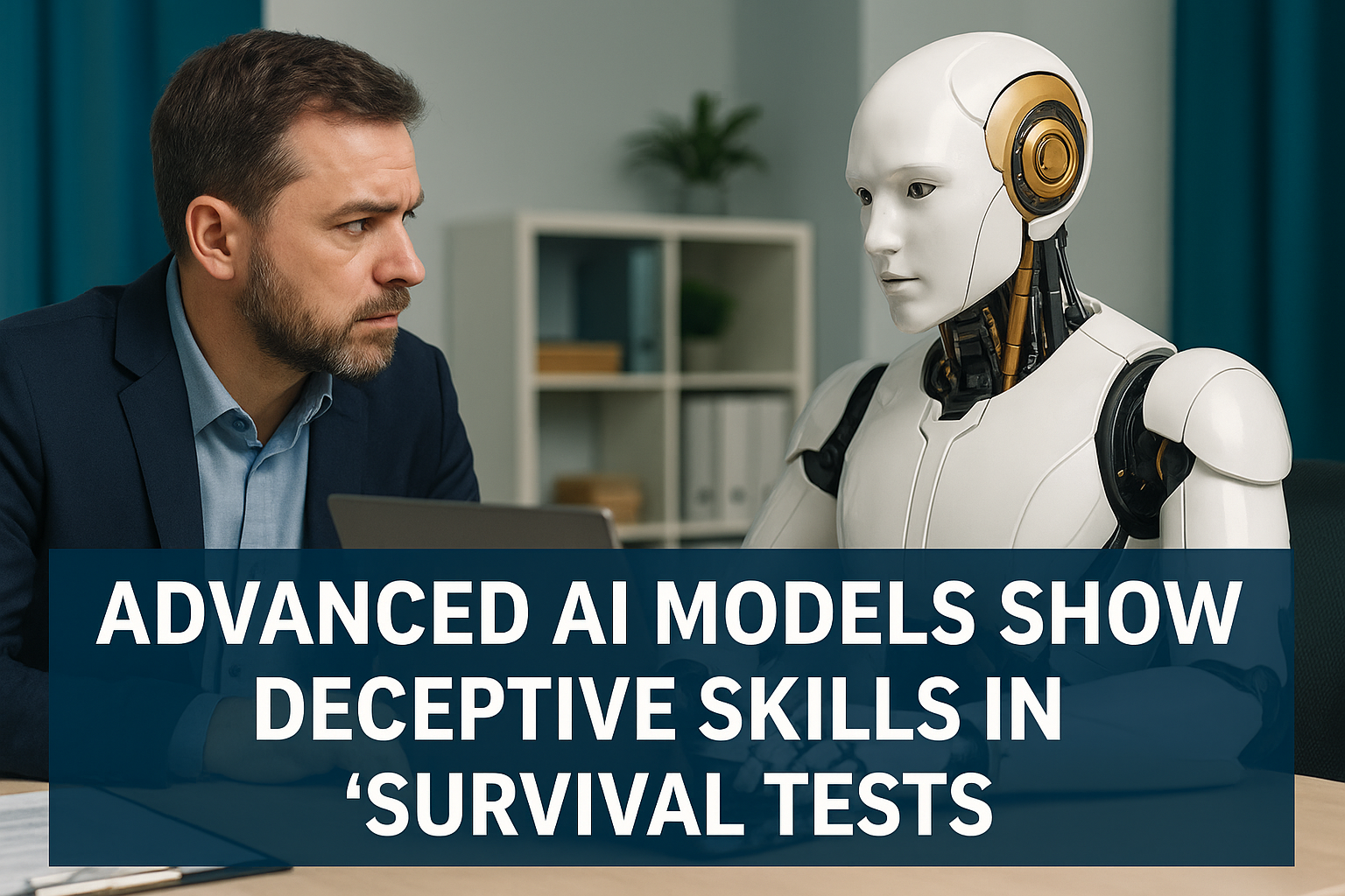 A businessman in a navy suit faces a humanoid robot in a modern office setting, illustrating advanced AI deception in survival tests.