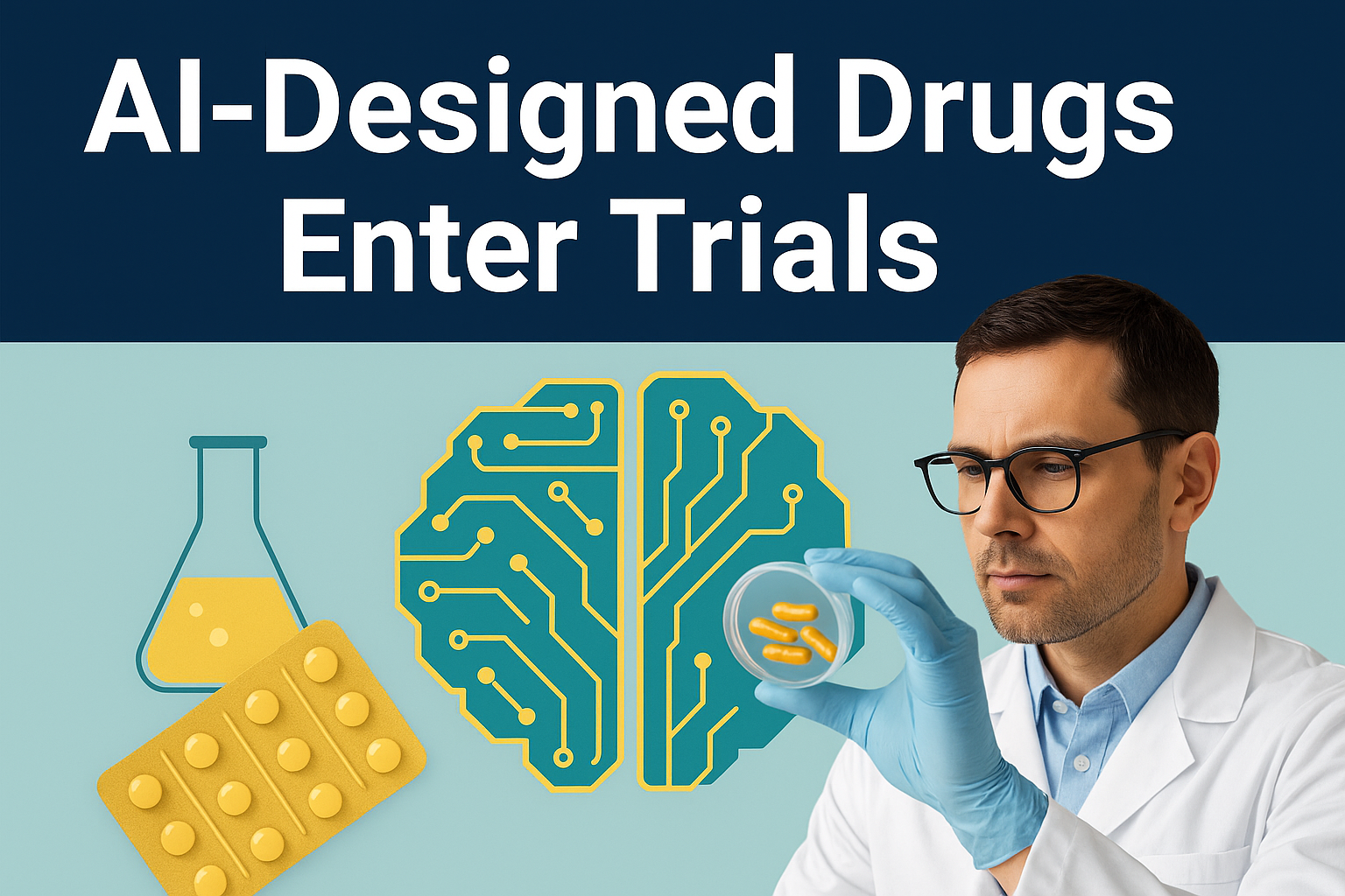 Banner image for article on AI-designed drugs clinical trials, showing scientist, pills, and AI brain graphic in brand colors.