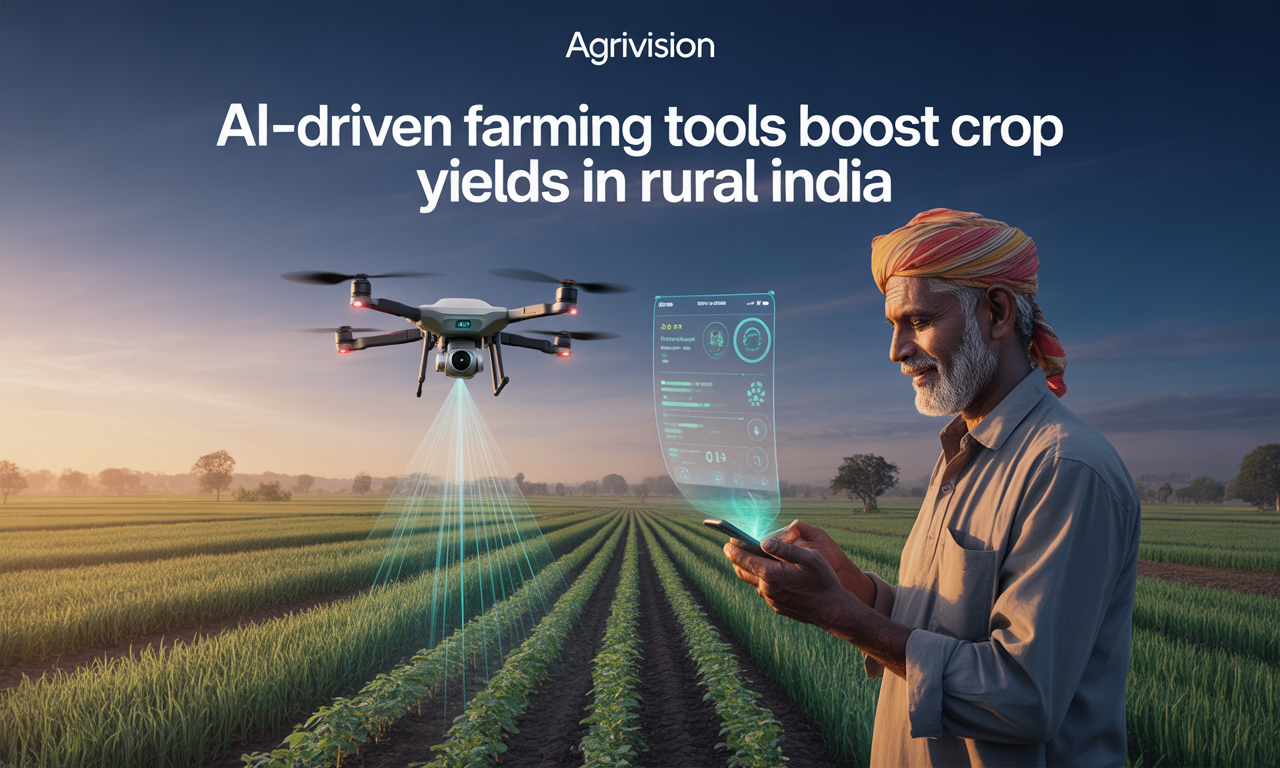 Wide banner image showing AI-driven farming tools in India with drones and smart farming apps.