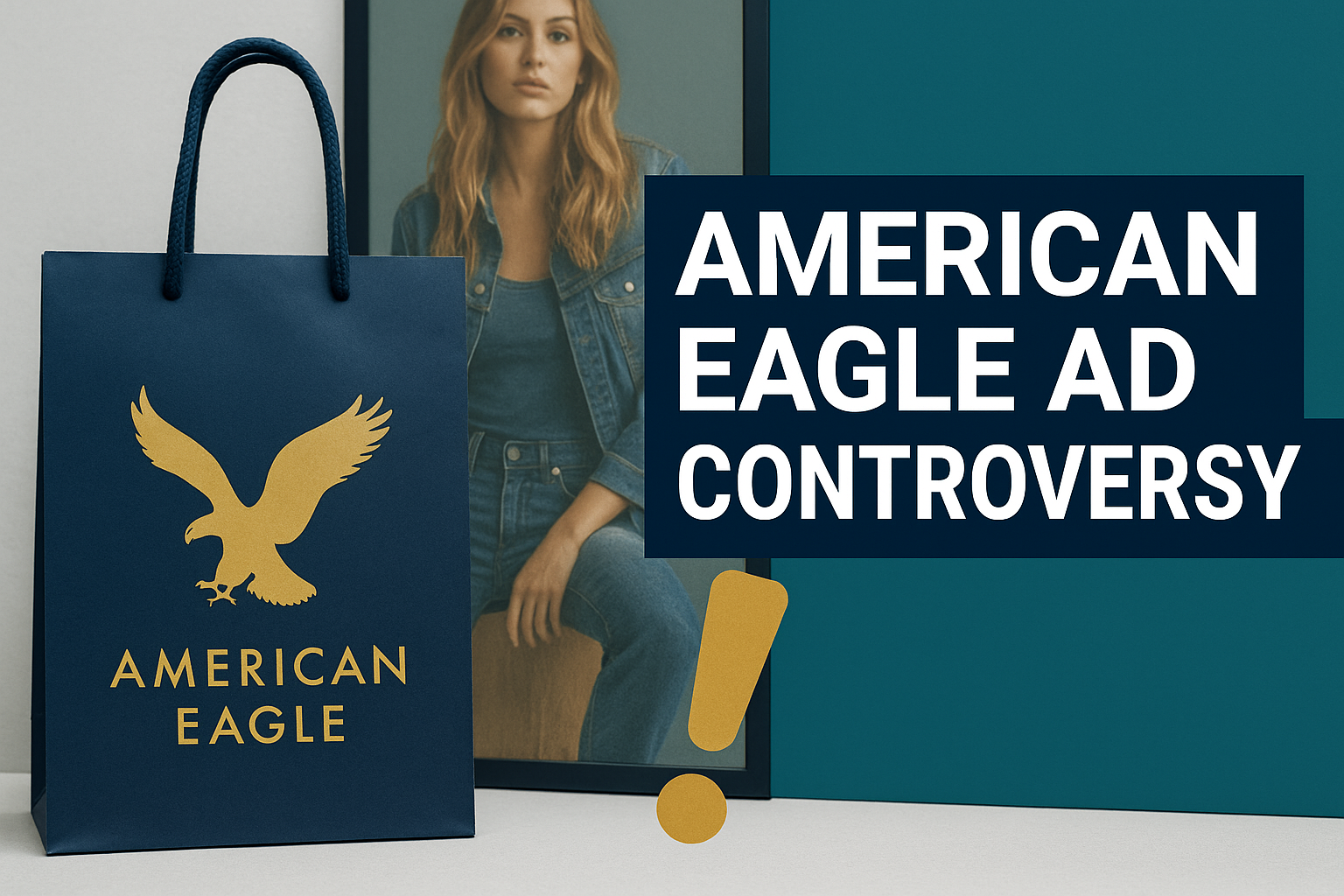 American Eagle Ad Controversy banner featuring navy shopping bag with gold eagle logo, teal background, and model in denim