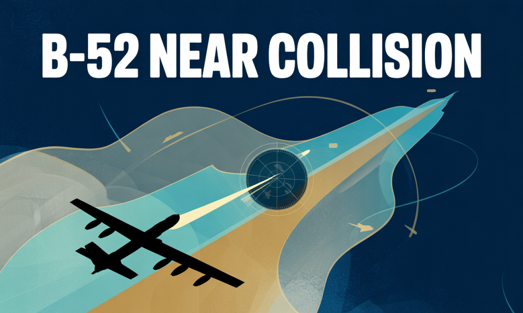 Wide banner image for article about B-52 near collision, with aviation safety visuals in navy, gold, gray, and teal business style.