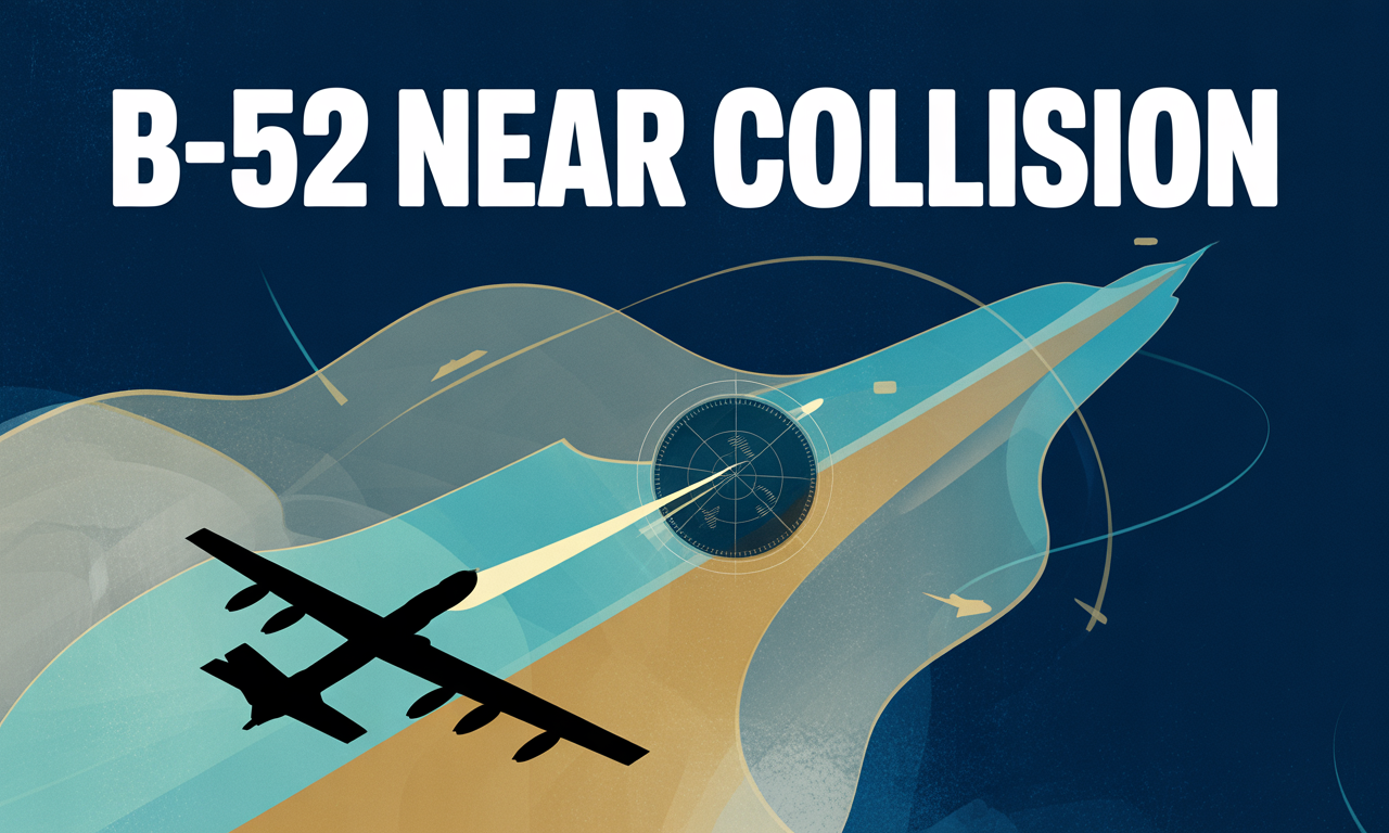 Wide banner image for article about B-52 near collision, with aviation safety visuals in navy, gold, gray, and teal business style.