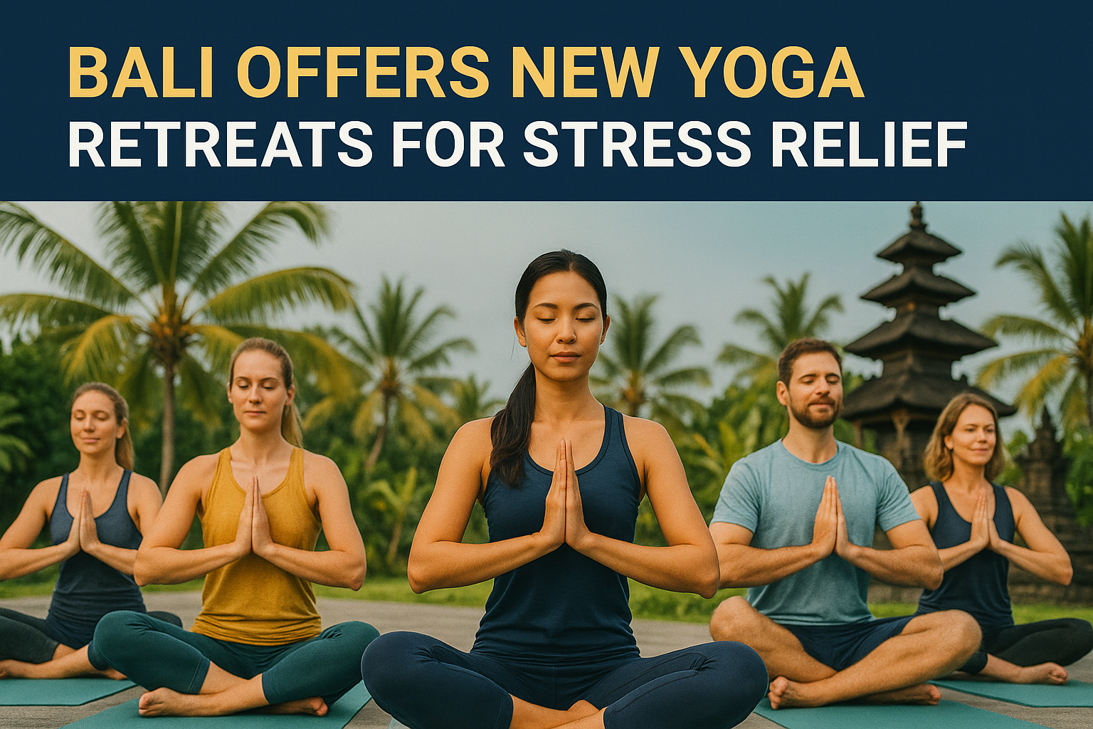 Photographic banner showing Bali’s new yoga retreats for stress relief, with people practicing yoga in front of palm trees and a Balinese temple, using brand colors Navy Blue, Soft Gold, Light Gray, and Teal.
