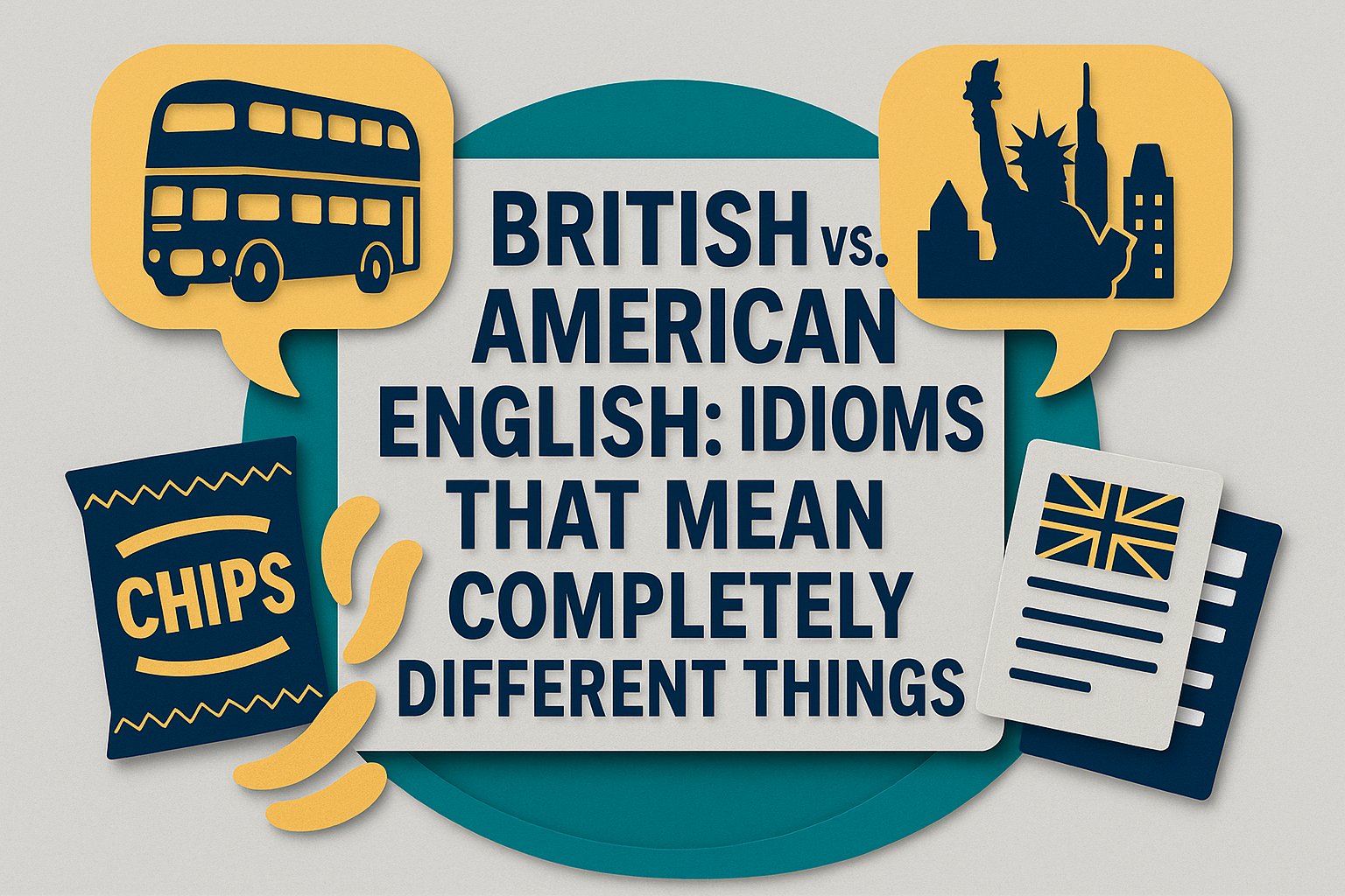 Wide 3D paper cut art banner showing British vs. American English idioms with UK and US cultural icons, chips packet, and bold title text.