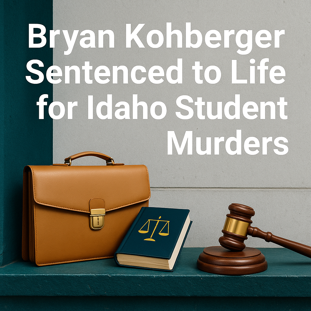 Banner image for article on Bryan Kohberger life sentence, featuring legal symbols and professional styling in All About English Mastery brand colors.