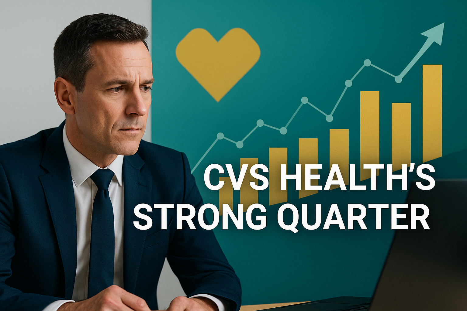 CVS Health strong quarter visual with businessman analyzing growth charts in navy and gold theme.