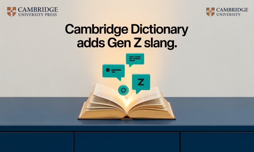 Cambridge Dictionary adds Gen Z slang banner image with digital icons and modern design.
