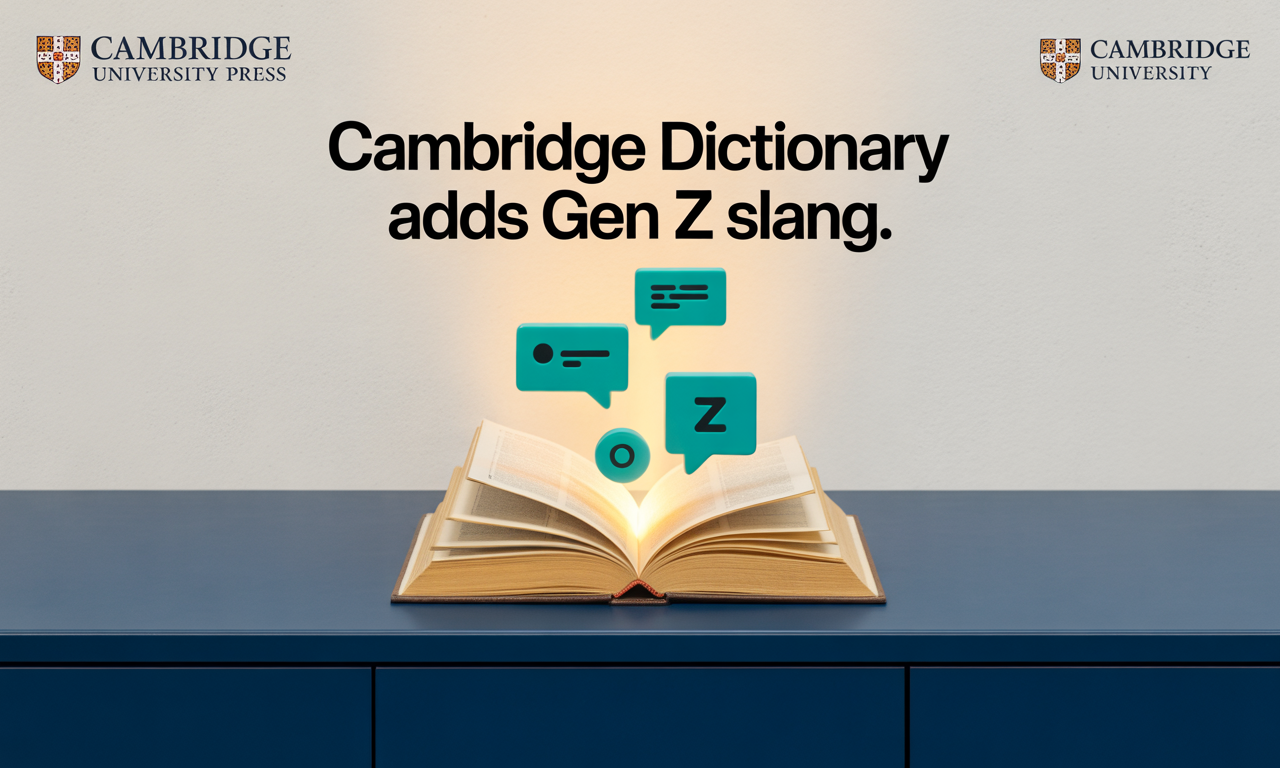 Cambridge Dictionary adds Gen Z slang banner image with digital icons and modern design.
