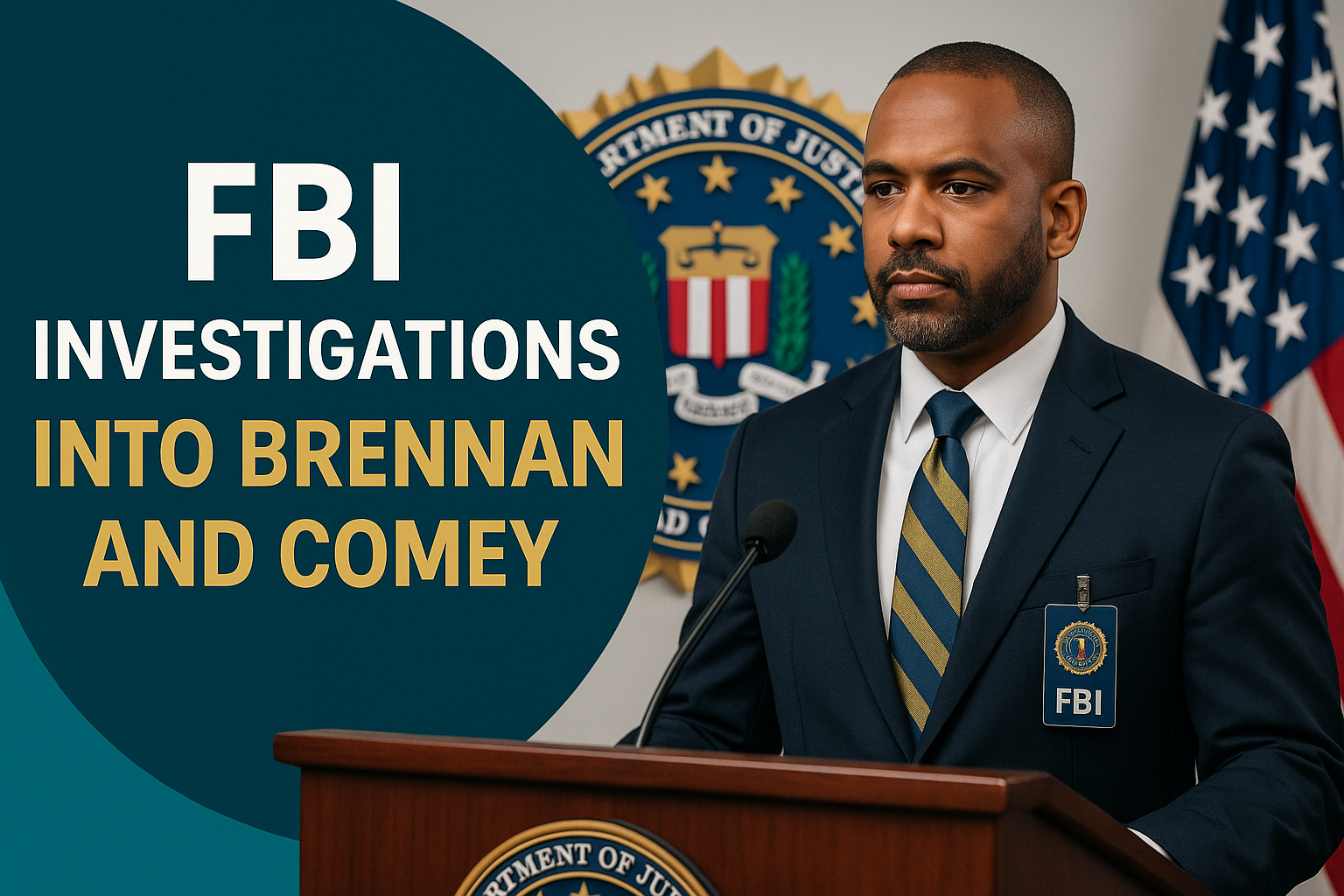 Banner image for article titled “FBI Investigations into Brennan and Comey” showing an FBI official at a podium with the FBI seal and American flag in the background, using navy blue, soft gold, light gray, and teal accents.
