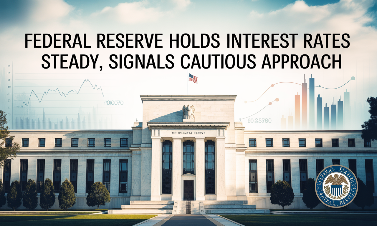 Wide banner image of the Federal Reserve building with graphs, showing Federal Reserve holds interest rates steady, signals cautious approach.