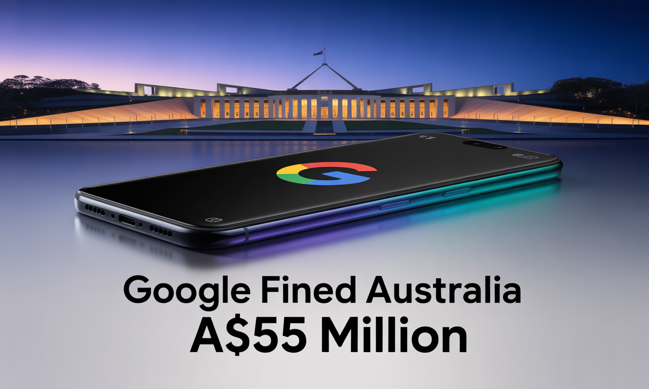 Banner image of Google logo and Australia Parliament for article on Google fined Australia A$55 Million.