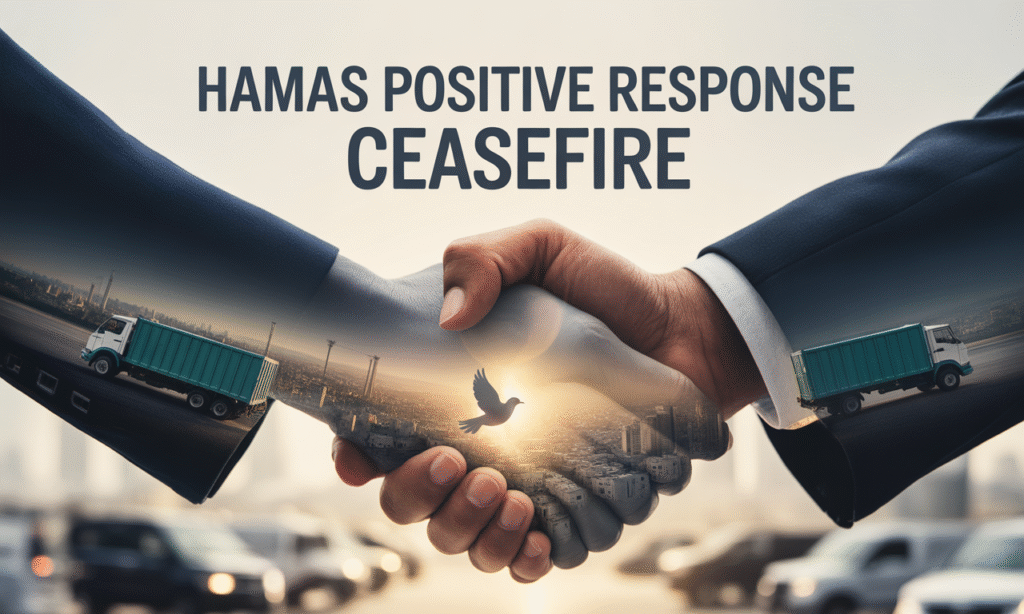 Wide banner image showing a handshake silhouette over Gaza city backdrop, symbolizing the Hamas positive response ceasefire proposal.
