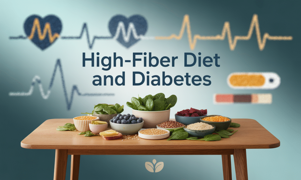 High-fiber diet and diabetes banner image with healthy foods and medical icons.