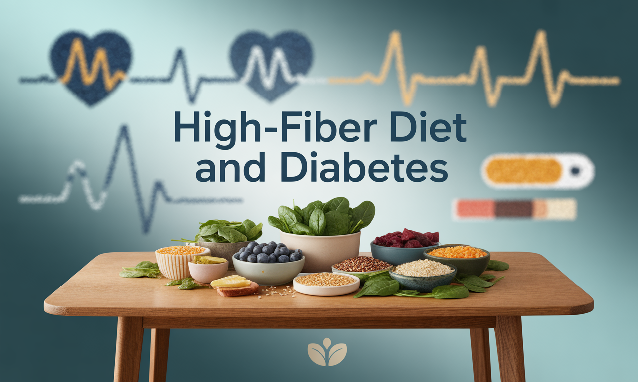High-fiber diet and diabetes banner image with healthy foods and medical icons.