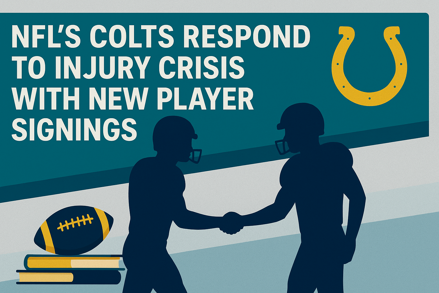 Wide Colts-themed banner with the headline “NFL's Colts Respond to Injury Crisis with New Player Signings” in bold Roboto font, featuring a gold generic horseshoe graphic, navy silhouettes of two football players shaking hands, and a football resting on stacked navy and gold books, set against a light gray and teal background.