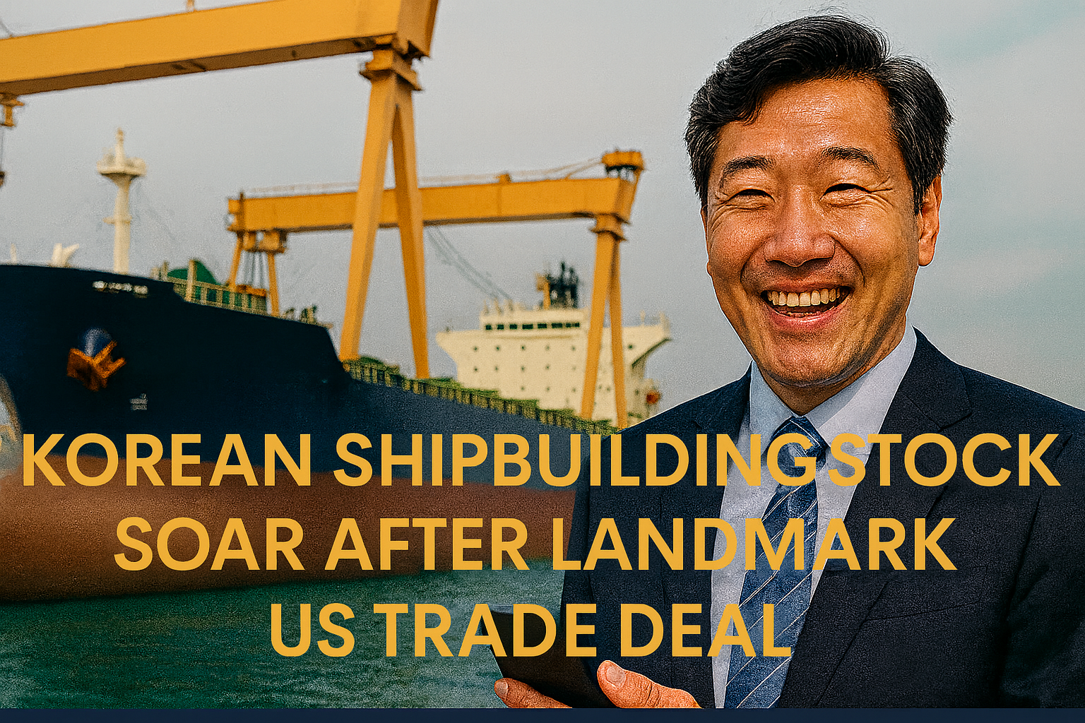 Wide banner image for article “Korean Shipbuilding Stocks Soar After Landmark US Trade Deal,” featuring a smiling Korean businessman in front of a large cargo ship and cranes, with centered text in brand colors Navy Blue and Soft Gold.
